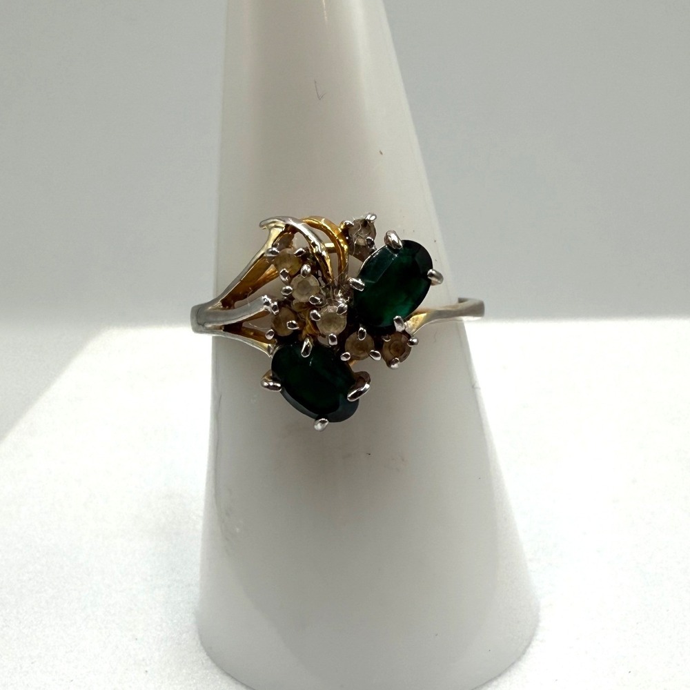 Vintage 14K GE Green & Clear Stone Cluster Bypass Ring Size 7.75
